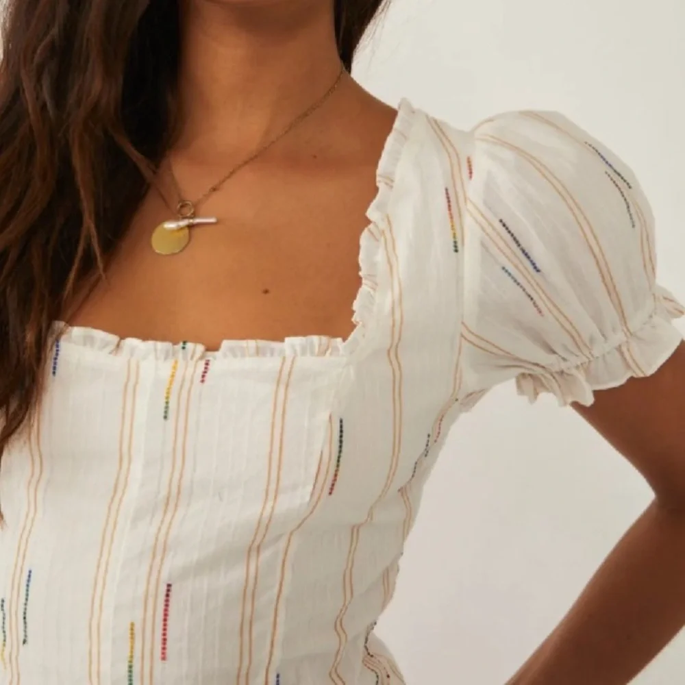 Free People Serotonin Corset Top White Puff Sleeve Top Colorful Rainbow Stitches